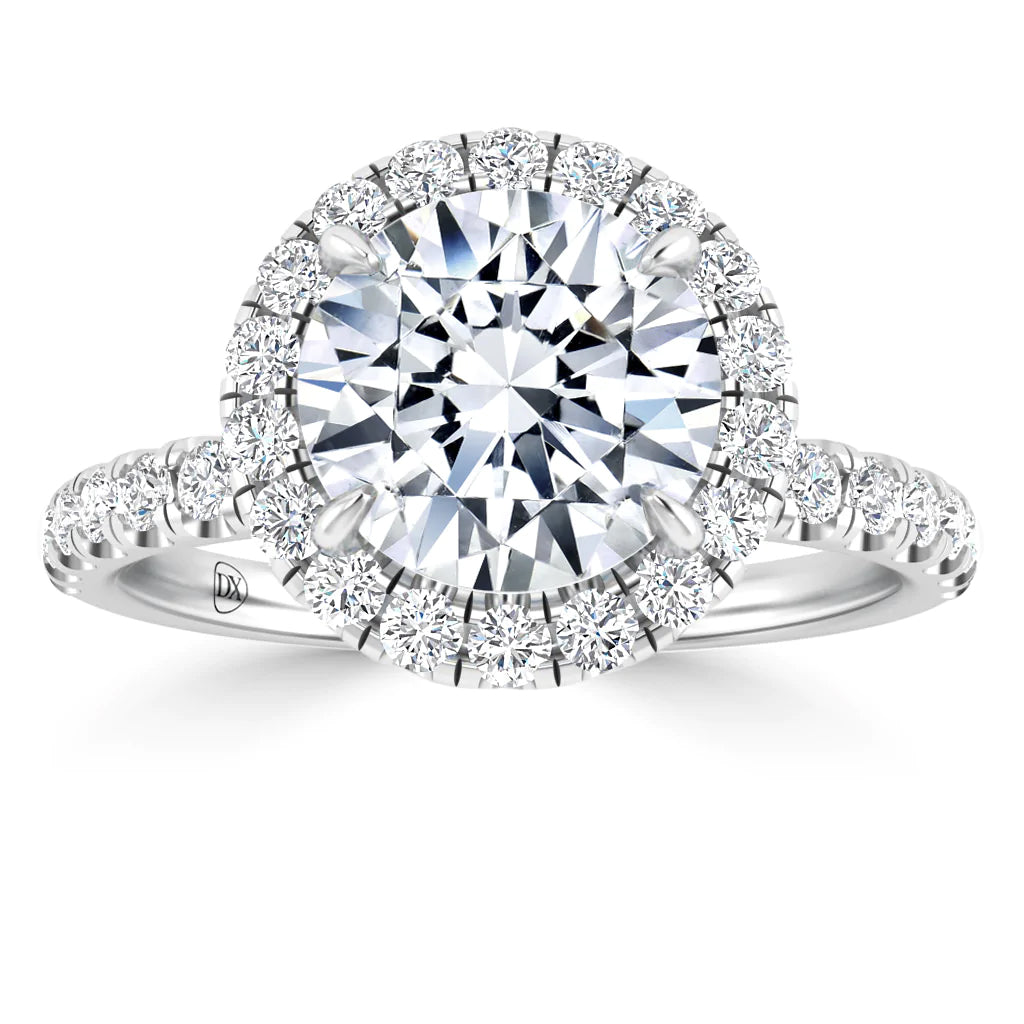 A large round diamond ring with a halo of smaller diamonds encircling the center stone. The band is encrusted with diamonds, and the setting is platinum with intricate detailing.
