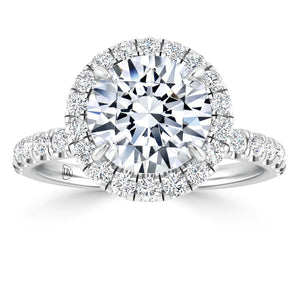 A large round diamond ring with a halo of smaller diamonds encircling the center stone. The band is encrusted with diamonds, and the setting is platinum with intricate detailing.