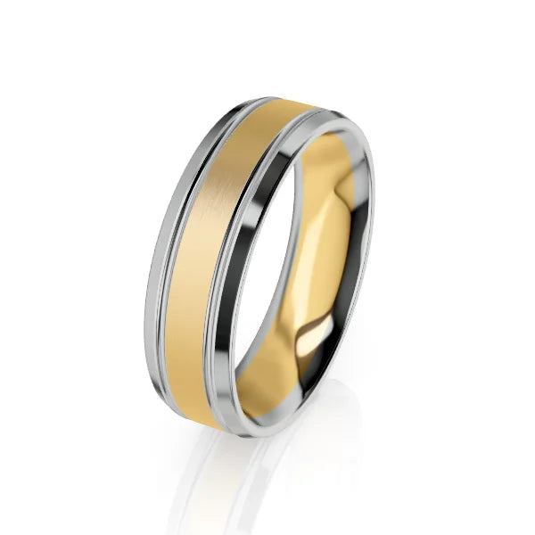 A gold and silver two-tone band ring with a brushed gold center and polished silver edges.