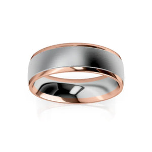 A two-tone ring with a brushed silver center and polished rose gold edges, shown on a white background.