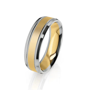 A two-tone ring with a brushed gold center band and polished silver edges on a white background.