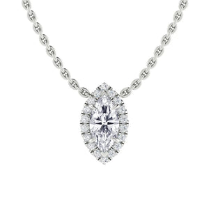 A marquise-cut diamond pendant with a halo on a silver chain, displayed on a white background.